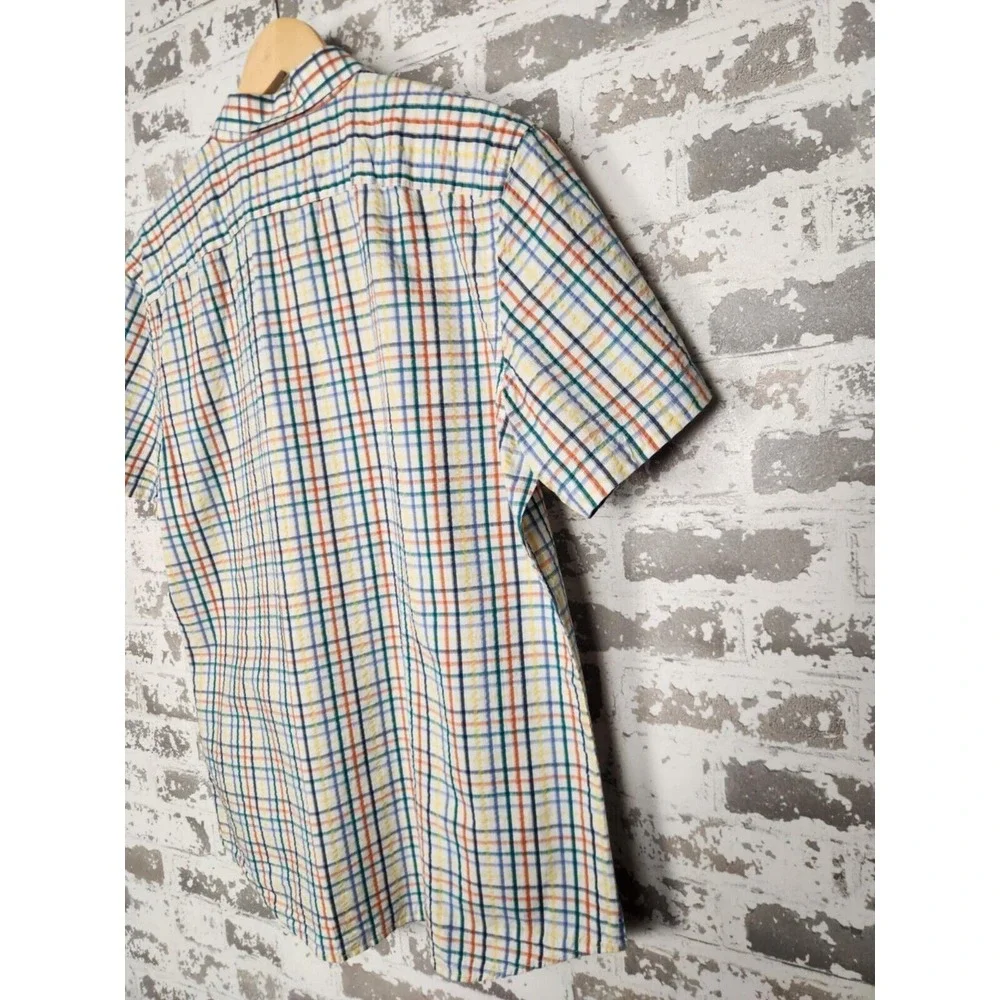 Banana Republic Seersucker Shirt Men‎ Sz Large Stripe Button Short Sleeve Casual
